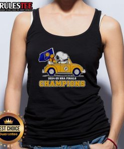 Alt Text: Snoopy and Woodstock driving a car, celebrating the Indiana Pacers 2024-25 NBA Finals Champions tank top design.