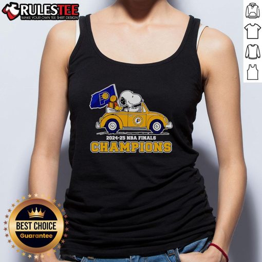 Alt Text: Snoopy and Woodstock driving a car, celebrating the Indiana Pacers 2024-25 NBA Finals Champions tank top design.