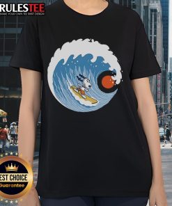 Alt Text: Awesome Snoopy Big Wave Adventure 2 Ladies Tee featuring Snoopy surfing a big wave, perfect for beach lovers.