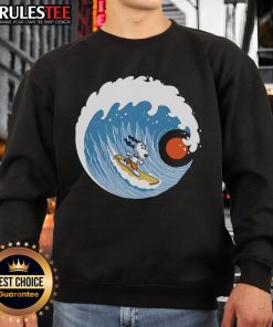 Alt Text: Awesome Snoopy Big Wave Adventure 2 Sweatshirt featuring Snoopy riding a surfboard on a colorful wave design.