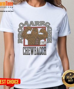 Awesome Star Wars Wookie Roar Chewbacca Ladies Tee featuring a bold graphic of Chewbacca and vibrant colors.