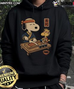 Awesome Sushi Tomodachi Club hoodie featuring Snoopy and Woodstock, perfect for fans of stylish anime apparel.