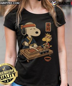 Alt Text: Awesome Sushi Tomodachi Club tee featuring Snoopy and Woodstock, perfect for sushi lovers and Peanuts fans.