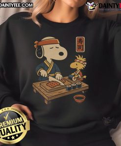 Awesome Sushi Tomodachi Club sweatshirt featuring Snoopy and Woodstock, perfect for sushi lovers and Peanuts fans.