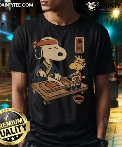 Awesome Sushi Tomodachi Club T-Shirt featuring Snoopy and Woodstock enjoying sushi together.