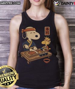 Alt Text: Awesome Sushi Tomodachi Club tank top featuring Snoopy and Woodstock, perfect for sushi lovers and Peanuts fans.