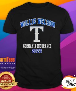 2025 Germania Insurance T-Shirt featuring Texas Rangers X Willie Nelson tour design, perfect for fans and collectors.