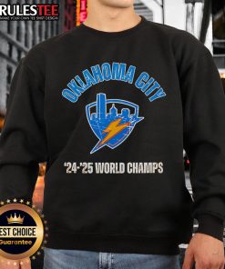 Alt Text: 2025 OKC Thunder Champs sweatshirt in locker room, celebrating the Basketball World Championship victory.