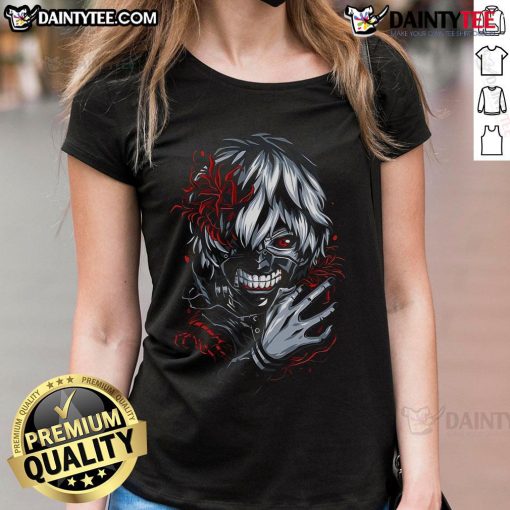 Awesome Tokyo Ghoul Ken Kaneki masked hunger ladies tee featuring a striking graphic design and vibrant colors.
