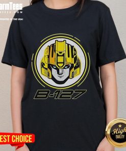 Awesome Transformers One B-127 Face Ladies Tee featuring a vibrant graphic of the character B-127 on a stylish shirt.