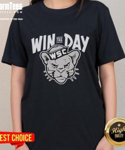 Awesome Win The Day WSC Cougar mascot ladies tee featuring a vibrant design perfect for school spirit and casual wear.