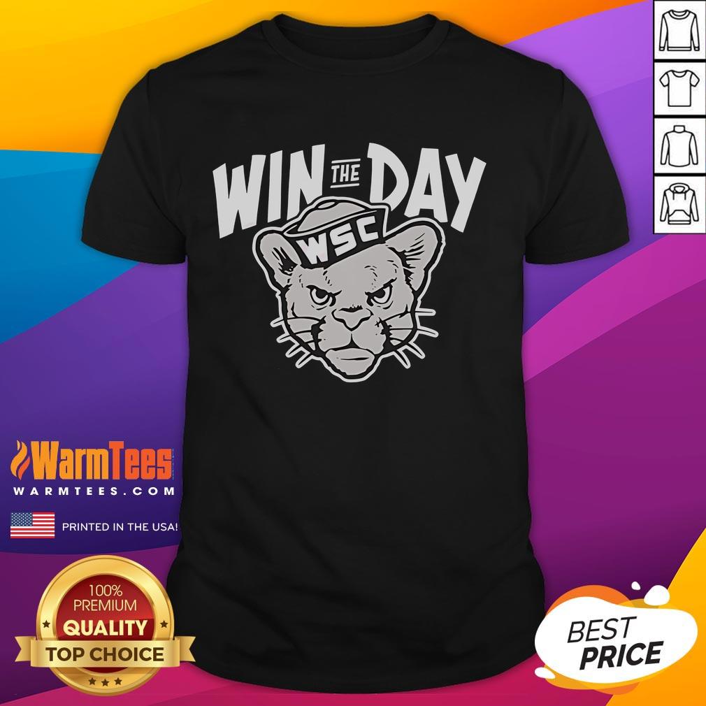 Awesome Win The Day Wsc Cougar Mascot T Shirt Alt Text: Awesome Win The Day WSC Cougar mascot t-shirt featuring vibrant colors and unique design for school spirit.