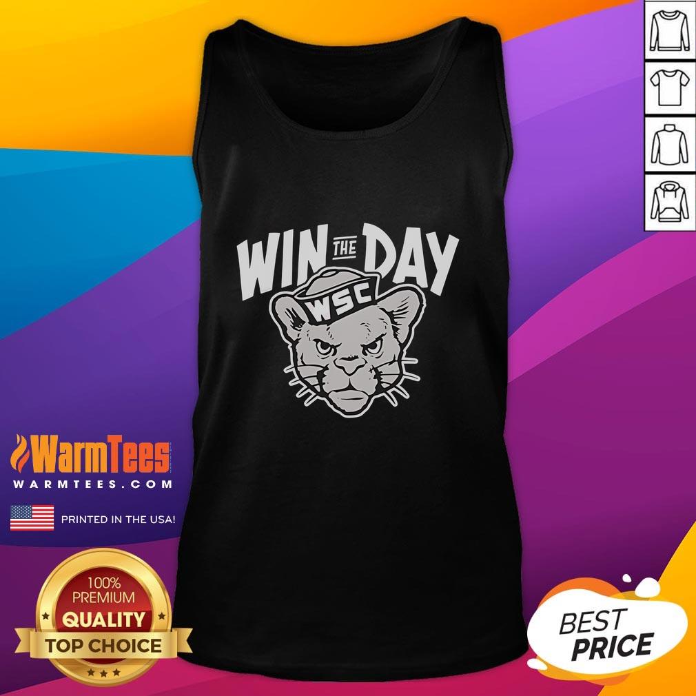 Awesome Win The Day Wsc Cougar Mascot Tank Top Alt Text: Awesome Win The Day WSC Cougar mascot tank top featuring a bold design, perfect for sports fans and summer wear.
