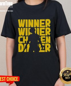 Alt Text: Silhouette of a PUBG player celebrating victory in an 'Awesome Winner Winner Chicken Dinner' ladies tee.