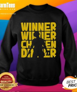 Alt Text: Silhouette of a PUBG player celebrating victory in an 'Awesome Winner Winner Chicken Dinner' sweatshirt.