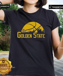 Alt Text: Premium Golden State cityscape skyline ladies tee featuring a stylish design and vibrant colors for casual wear.