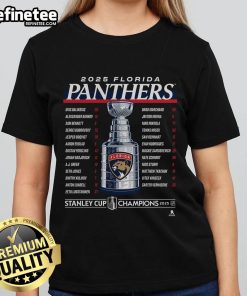 Official Florida Panthers 2025 Stanley Cup Champions Ladies Tee featuring team roster and logo in vibrant colors.