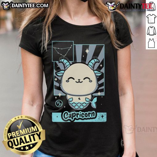 Alt Text: Cute astrology kawaii zodiac Capricorn ladies tee featuring a playful design and vibrant colors for stylish fans.