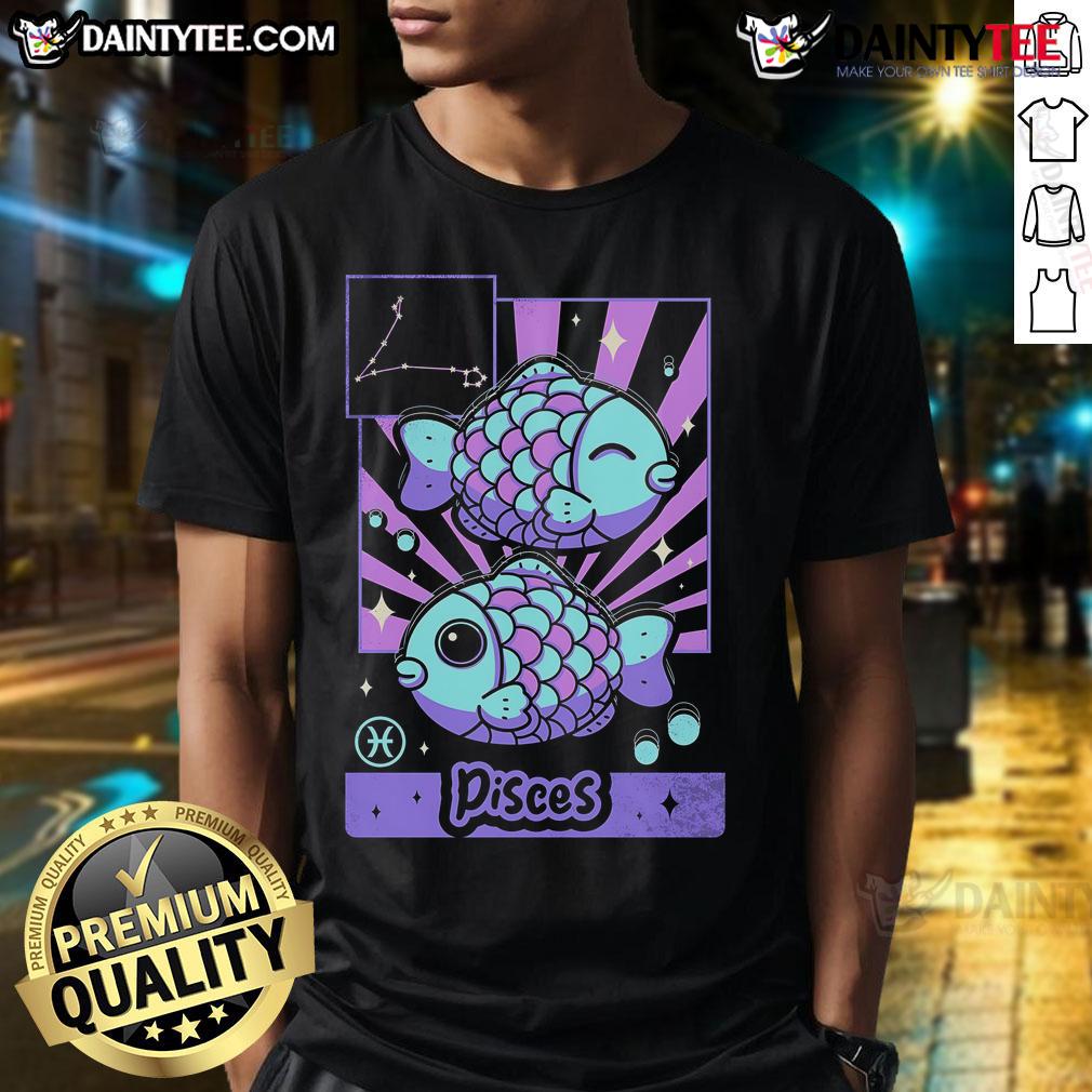 Cute Astrology Kawaii Zodiac Pisces T Shirt Alt Text: Cute Astrology Kawaii Zodiac Pisces T-Shirt featuring a whimsical design with a colorful Pisces symbol and stars.