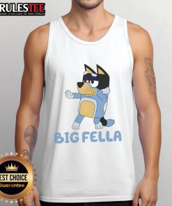 Cute big fella wearing a blue dog tank top, showcasing playful style and comfort for pets.
