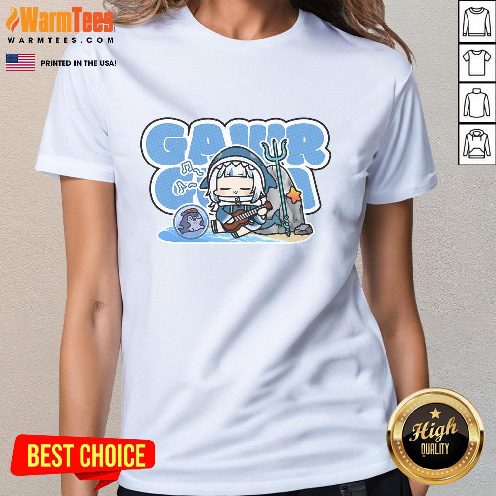 Cute Bioworld Gawr Gura Beach Chibi Ladies Tee Alt Text: Cute Bioworld Gawr Gura Beach Chibi Ladies Tee featuring a vibrant design of Gawr Gura at the beach.