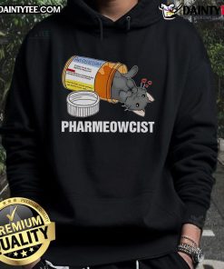 Cute black cat wearing a 'Pharmeowcist' hoodie, perfect for cat lovers and cozy fashion enthusiasts.