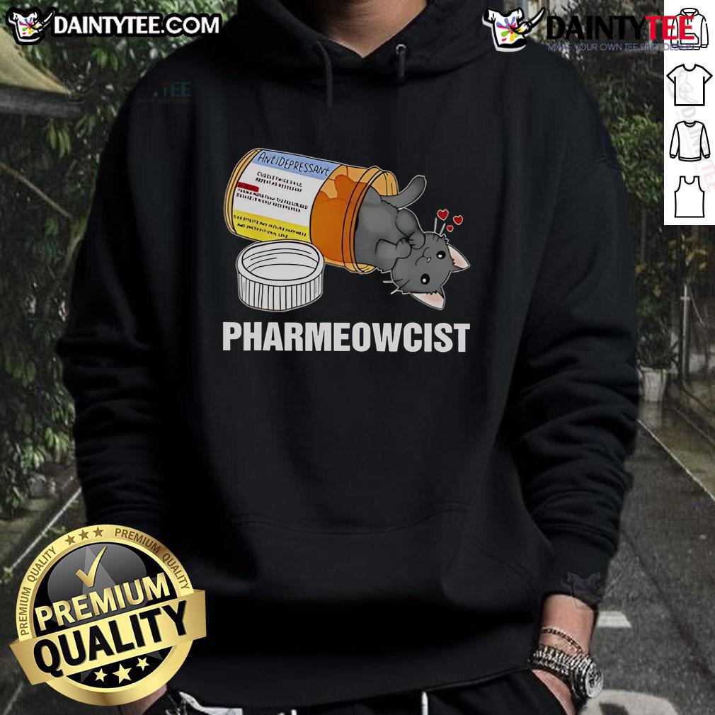 Cute Black Cat Pharmeowcist Hoodie Cute black cat wearing a 'Pharmeowcist' hoodie, perfect for cat lovers and cozy fashion enthusiasts.