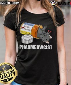 Alt Text: Cute black cat wearing a lab coat on a Pharmeowcist ladies tee, perfect for cat lovers and pharmacy enthusiasts.