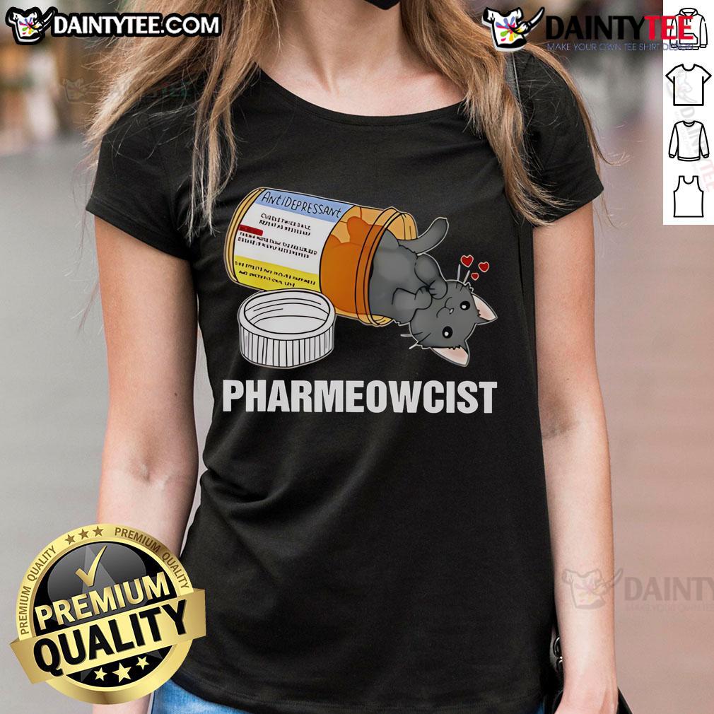 Cute Black Cat Pharmeowcist Ladies Tee Alt Text: Cute black cat wearing a lab coat on a Pharmeowcist ladies tee, perfect for cat lovers and pharmacy enthusiasts.