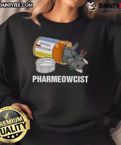 Cute black cat wearing glasses on a 'Pharmeowcist' sweatshirt, perfect for cat lovers and pharmacy enthusiasts.