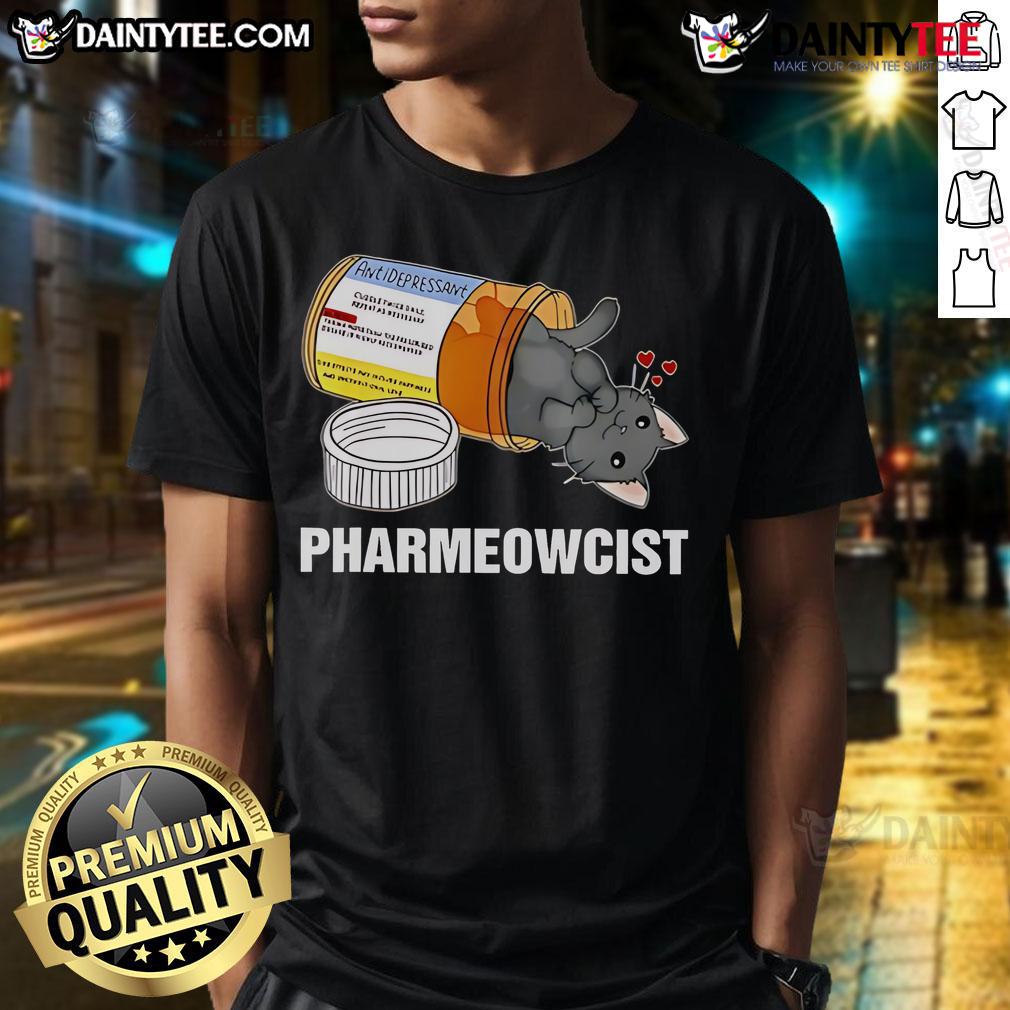 Cute Black Cat Pharmeowcist T Shirt Alt Text: Cute black cat in pharmacist attire on a t-shirt, perfect for cat lovers and pharmacy enthusiasts.
