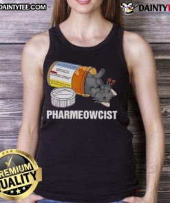 Cute black cat wearing glasses on a 'Pharmeowcist' tank top, perfect for cat lovers and pharmacy enthusiasts.