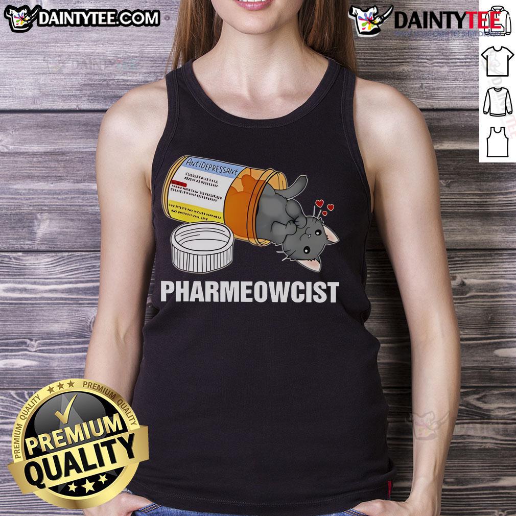 Cute Black Cat Pharmeowcist Tank Top Cute black cat wearing glasses on a 'Pharmeowcist' tank top, perfect for cat lovers and pharmacy enthusiasts.