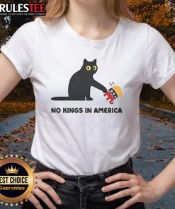 Alt Text: Cute black cat vs elephant graphic on 'No Kings in America' ladies tee, perfect for pet lovers and political enthusiasts.
