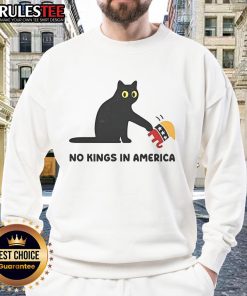 Alt Text: Cute black cat and elephant graphic on 'No Kings in America' sweatshirt, perfect for animal lovers and political humor.