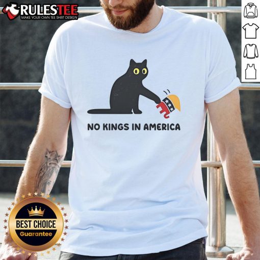 Cute black cat and elephant graphic on a 'No Kings In America' Republican t-shirt, perfect for animal and political humor fans.