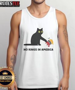 Adorable black cat playfully confronting an elephant on a 'No Kings in America' tank top, highlighting a fun political theme.