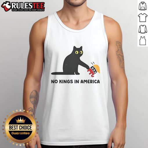 Adorable black cat playfully confronting an elephant on a 'No Kings in America' tank top, highlighting a fun political theme.