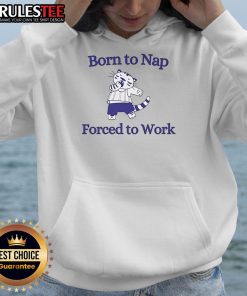 Alt Text: Adorable cat in a 'Born to Nap, Forced to Work' hoodie, showcasing the perfect blend of cuteness and humor.