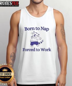 Alt Text: Cute cat tank top featuring 'Born to Nap, Forced to Work' design, perfect for cat lovers and casual wear.