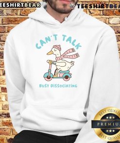 Adorable duck hoodie featuring a cute design with the phrase 'Can't Talk, Busy Dissociating' in vibrant colors.