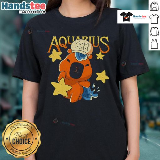 Adorable Aquarius ladies tee featuring a cute capybara design, perfect for astrology lovers and animal enthusiasts.
