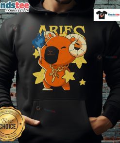 Adorable cute capybara Aries hoodie design featuring a playful capybara with Aries zodiac symbols.