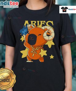 Alt Text: Cute capybara Aries ladies tee featuring a whimsical capybara design, perfect for zodiac lovers and animal enthusiasts.