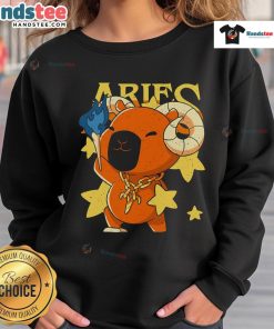 Alt Text: Adorable capybara graphic on a cozy Aries sweatshirt, perfect for astrology lovers and animal enthusiasts.
