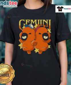 Cute capybara Gemini ladies tee featuring a playful capybara design, perfect for astrology fans and animal lovers.