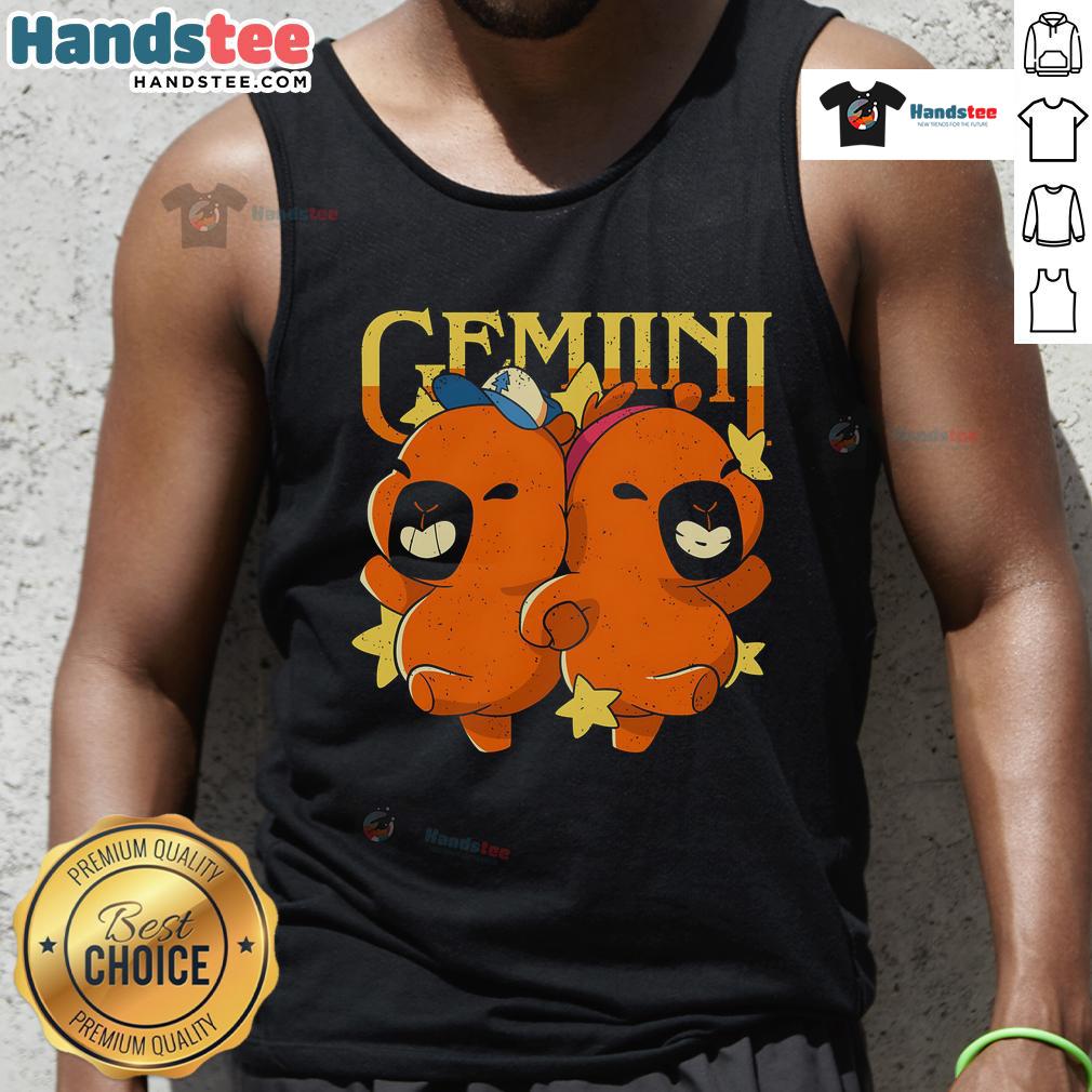 Cute Capybara Gemini Tank Top Alt Text: Adorable capybara graphic on a Gemini tank top, perfect for animal lovers and astrology enthusiasts.