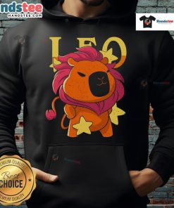 Adorable capybara wearing a cozy Leo hoodie, perfect for pet lovers and cute animal apparel enthusiasts.