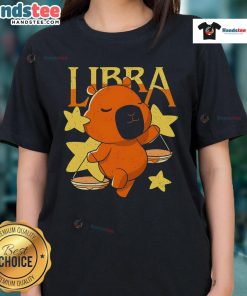 Alt Text: Cute capybara graphic on a Libra ladies' tee, perfect for astrology lovers and animal enthusiasts.