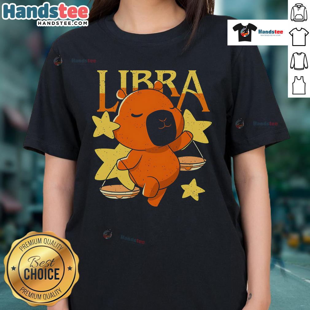 Cute Capybara Libra Ladies Tee Alt Text: Cute capybara graphic on a Libra ladies' tee, perfect for astrology lovers and animal enthusiasts.